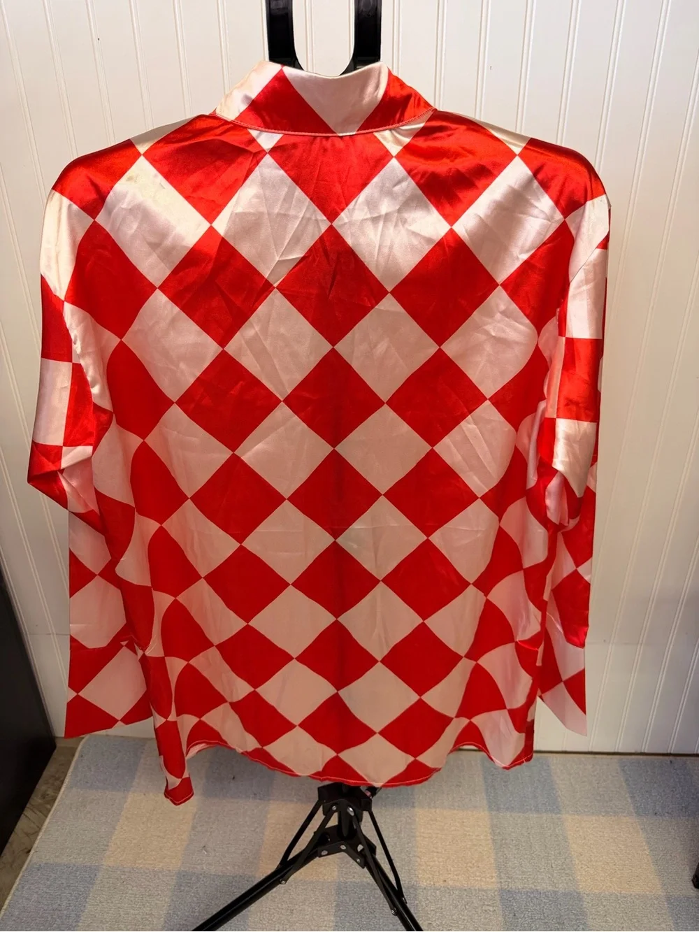 Red & White Satin Diamond-Check Button Down Shirt